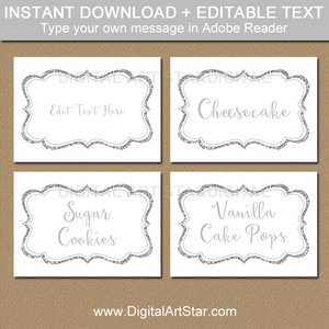 White and Silver Glitter Birthday Food Labels