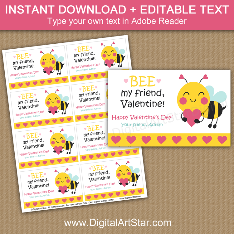 Bee Valentine Cards Kids Valentines Cards Valentines Day Cards for Kids  Printable Valentine Card for School instant Download 