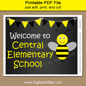 Printable Chalkboard Welcome Sign for School with Bumble Bee