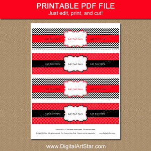 Birthday Printable Water Bottle Labels Red Black White