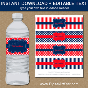 Birthday Water Bottle Label Template Red Navy White