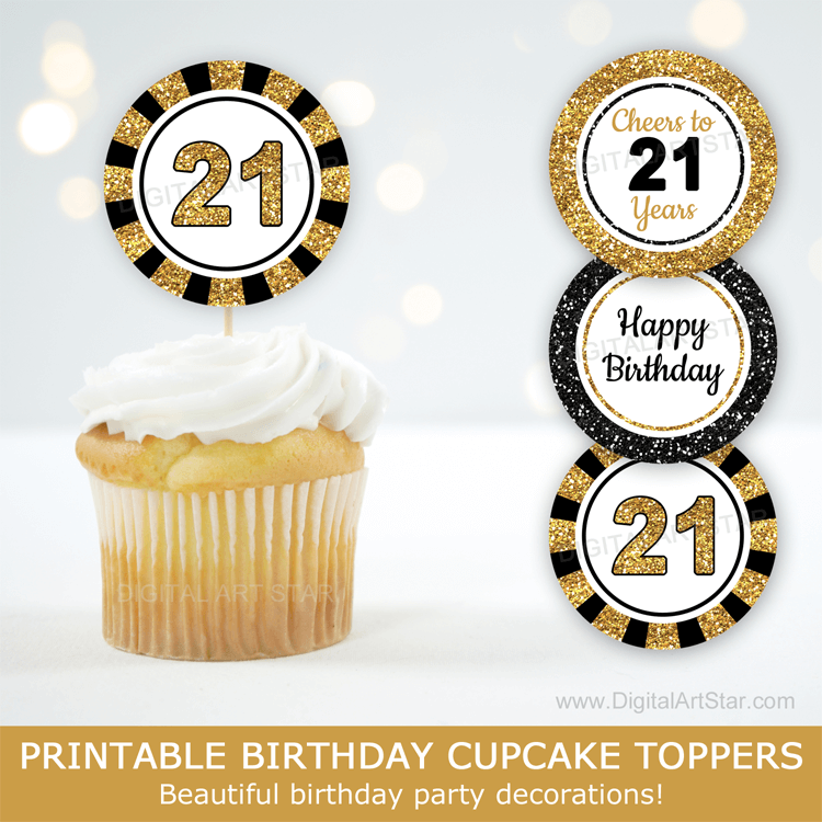 Black and Gold Happy 21st Birthday Cupcake Toppers Printable - Digital Art  Star