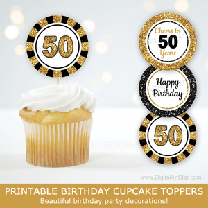 Black and Gold Glitter 50th Birthday Cupcake Toppers Decorations