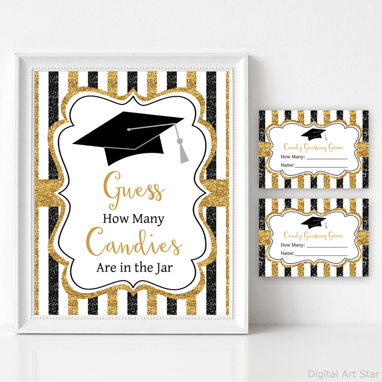 Black and Gold Graduation Candy Guessing Game Sign Game Cards Game Template