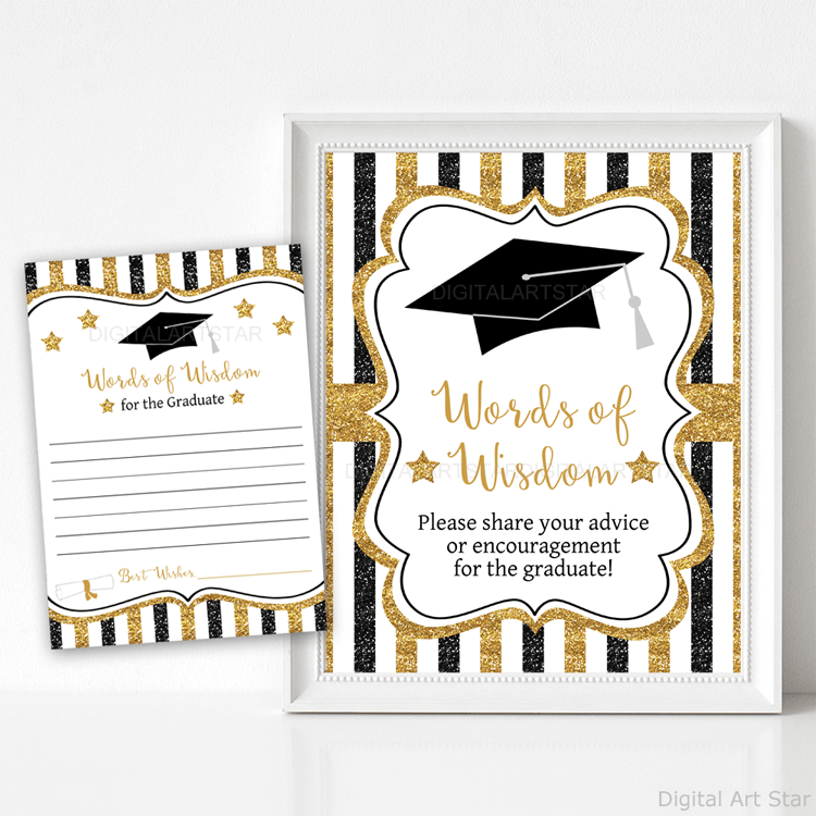Black and Gold Graduation Words of Wisdom Cards and Sign Template
