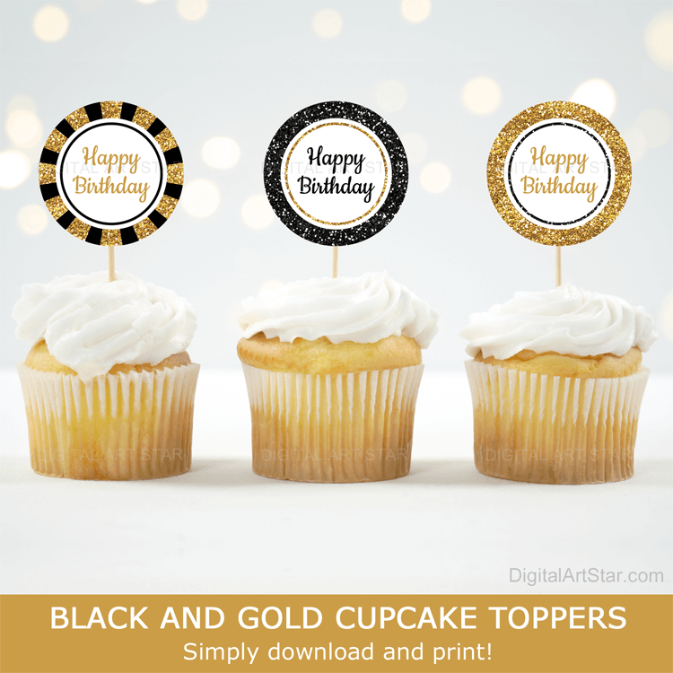 Black and Gold Birthday Cake topper Edible paper sugar sheet cupcakes 40 50  60