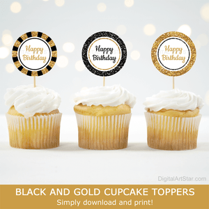 Black and Gold Happy Birthday Party Decorations Cupcake Picks