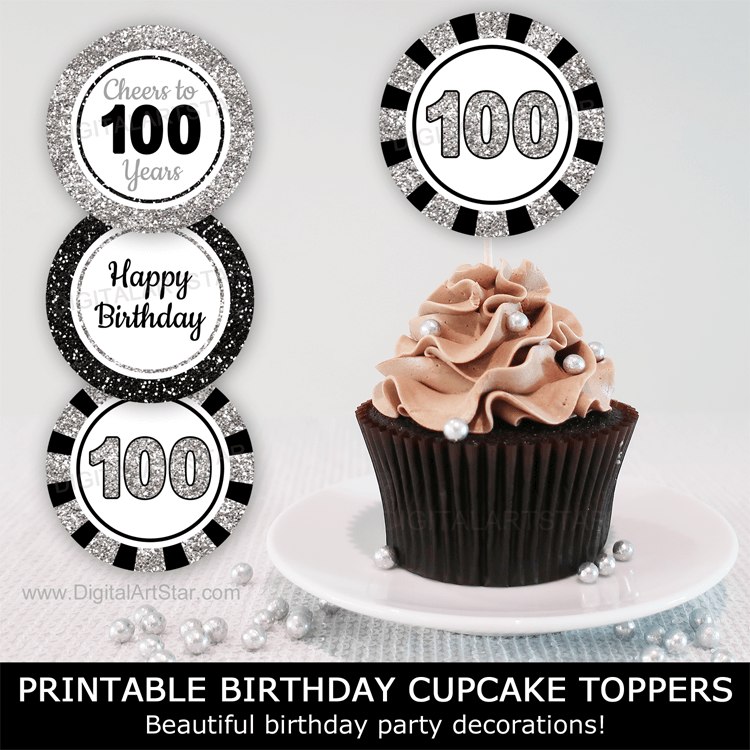 black and silver 100th birthday cupcake toppers three designs