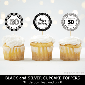 Black and Silver Glitter 50th Birthday Cupcake Toppers Printable Party Decor for Women