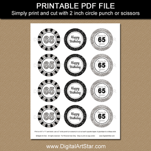 black and silver 65th birthday 2 inch round cupcake toppers printable pdf file