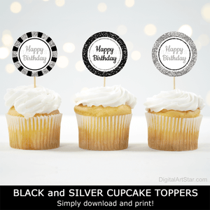 Black and Silver Cupcake Toppers Happy Birthday