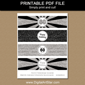 Black and Silver Happy 60th Birthday Water Bottle Labels Printable PDF