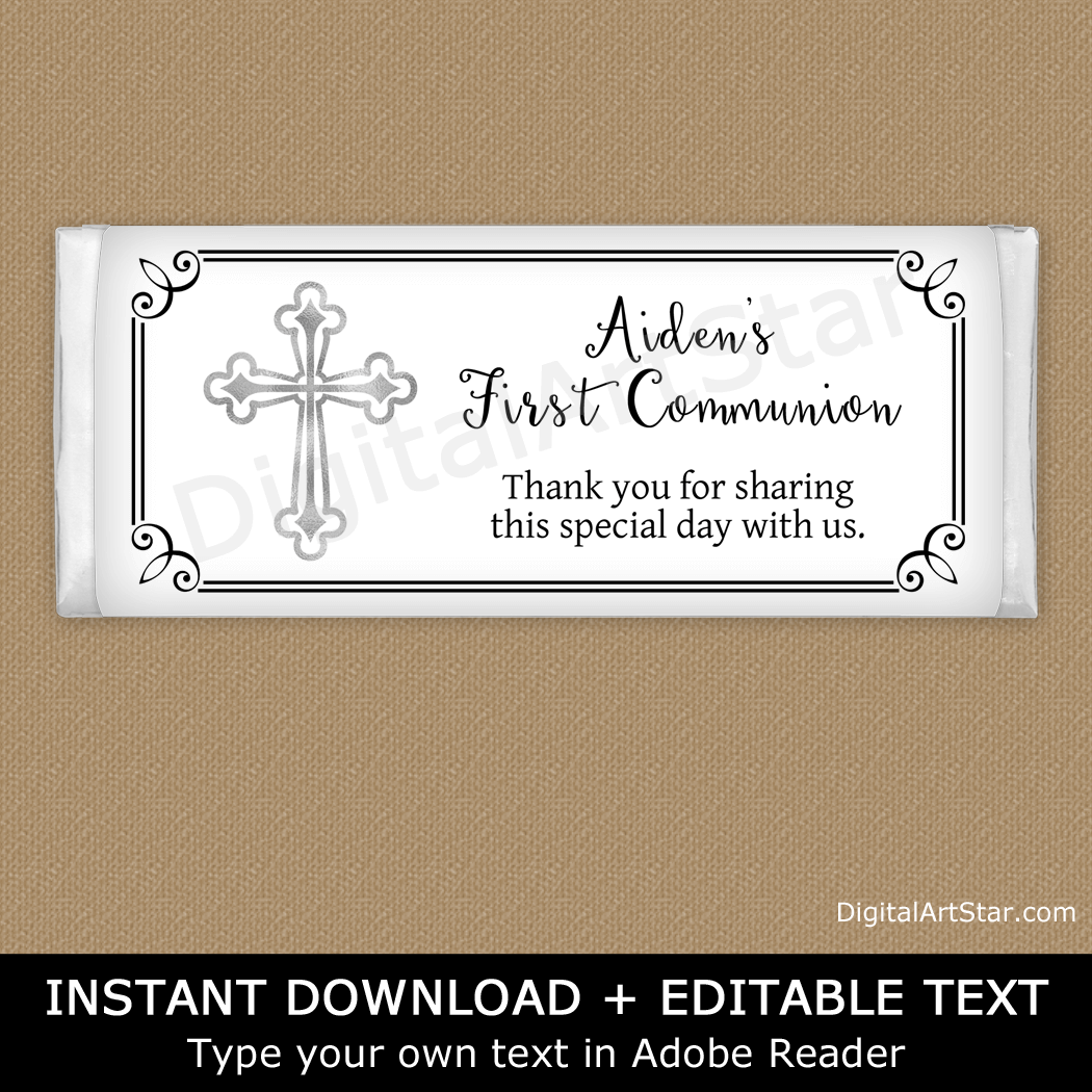 Black and White First Communion Candy Wrappers Template