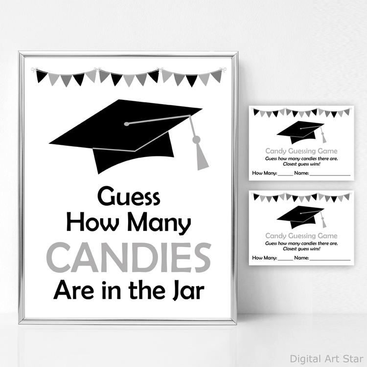 Black and White Graduation Guess How Many Candies Are in the Jar Game Sign