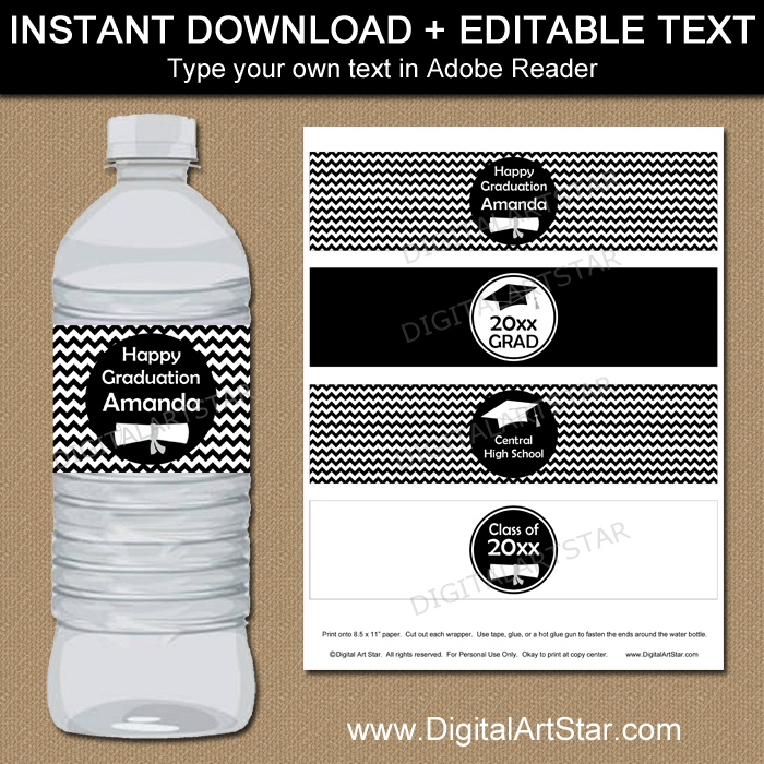 Black and White Graduation Water Bottle Labels Template Instant Download
