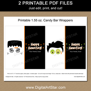 Black and White Halloween Monster Chocolate Bar Wrappers Printable Template