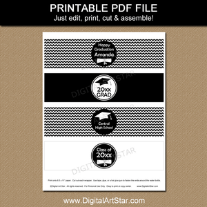 Black and White Printable Water Bottle Labels for Graduation Party Decorations