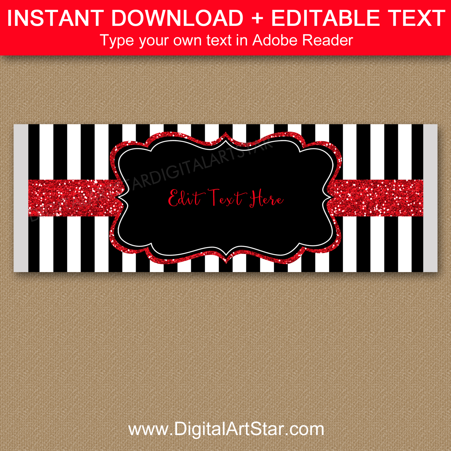 Black and White Striped Candy Bar Template with Red Glitter Accents