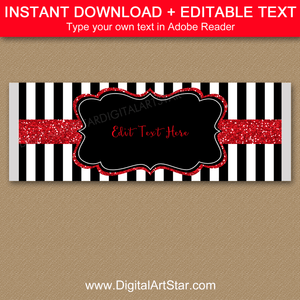 Black and White Striped Candy Bar Template with Red Glitter Accents