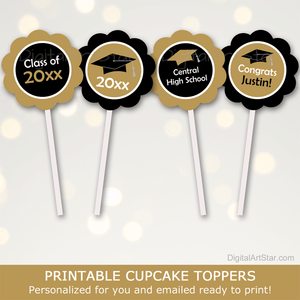 Black Gold Graduation Cupcake Toppers Printable Personalized Party Decor