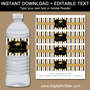 Black and Gold Graduation Water Bottle Labels Editable Template