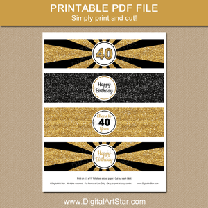 Black and Gold Happy 40th Birthday Water Bottle Labels Printable PDF