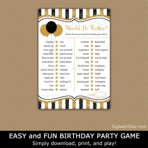 Black and Gold Printable Birthday Game for Adults Would He Rather