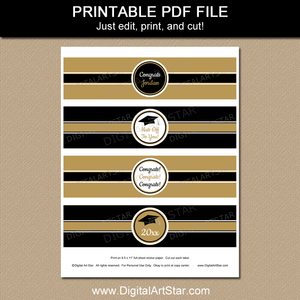 Black and Gold Printable Graduation Party Water Bottle Labels PDF