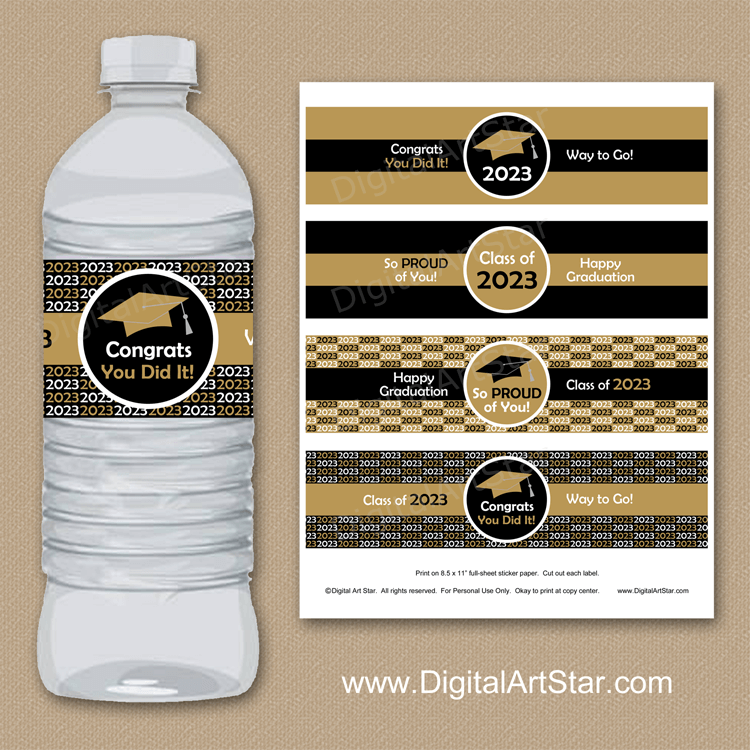 Black and Gold Senior Graduation Party Water Bottle Labels Instant Download