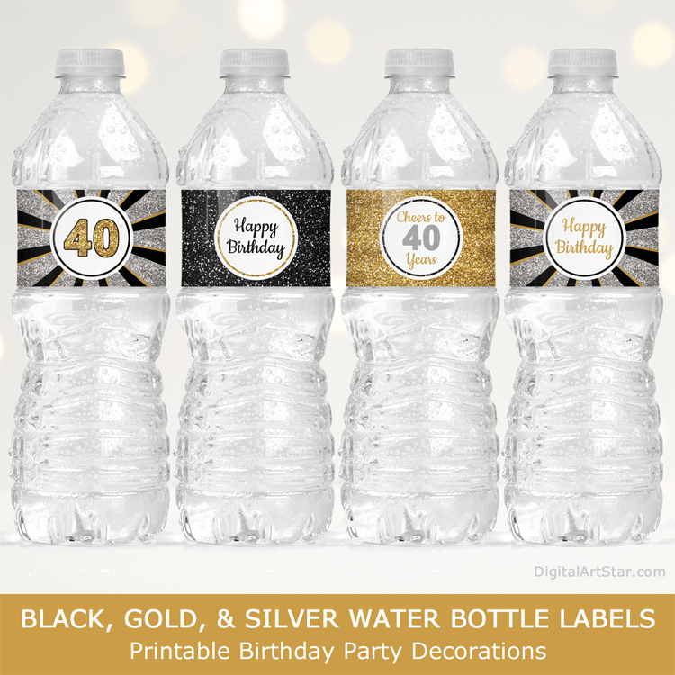 Black Gold and Silver 40th Birthday Water Bottle Labels Decorations