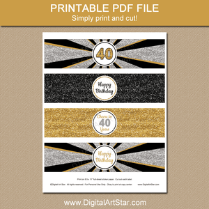 Black Gold and Silver 40th Birthday Water Bottle Labels Printable