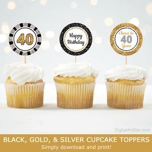 Black Gold and Silver Cupcake Toppers Happy 40th Birthday Decorations