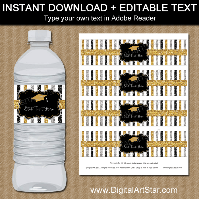Black Gold Silver Glitter Striped Graduation Water Bottle Labels Instant Digital Download