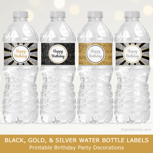Black Gold Silver White Water Bottle Labels Birthday Party Decorations