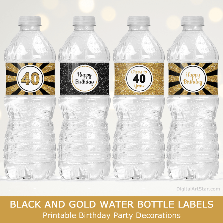Black Gold White Printable Birthday Party Decorations 40th Birthday Water Bottle Labels