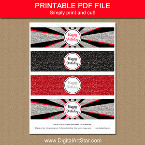 Black Red Silver Happy Birthday Water Bottle Labels Printable for Adults