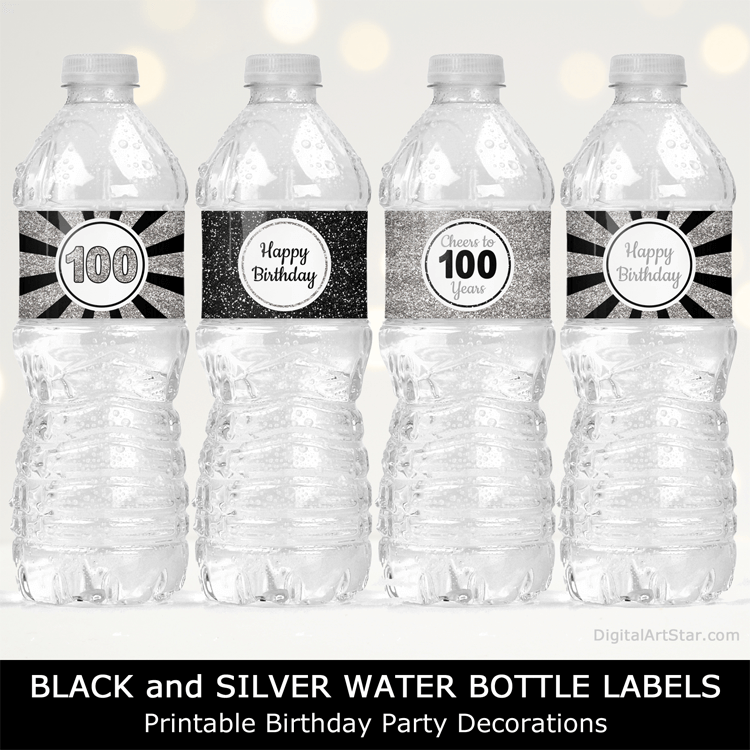 Black and Silver Glitter 100th Birthday Water Bottle Labels Birthday Party Decorations