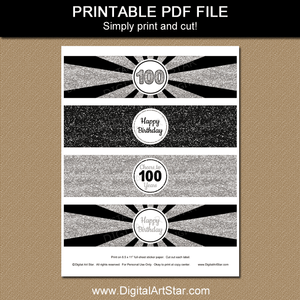 Black and Silver Glitter 100th Birthday Water Bottle Labels Printable