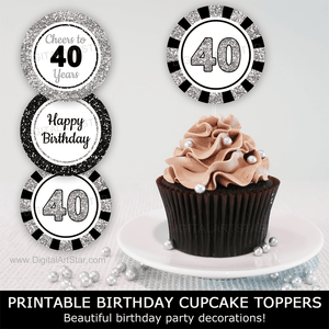 Black and Silver Glitter 40th Birthday Cupcake Toppers Printable