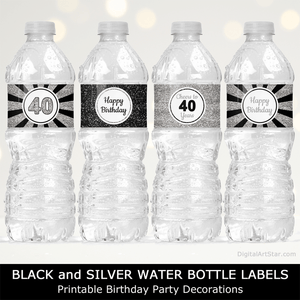 Black and Silver Glitter 40th Birthday Water Bottle Labels Cheers to 40 Years