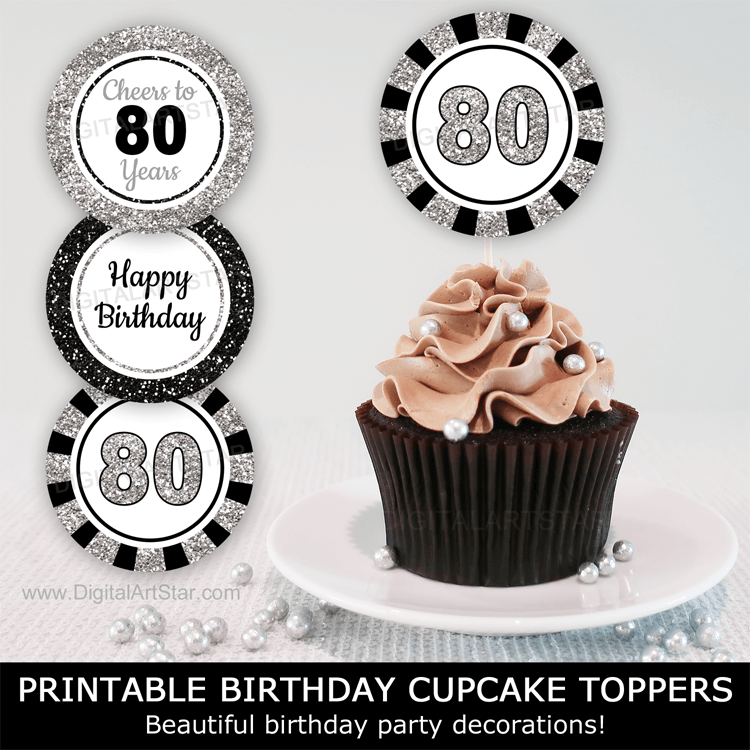 Black and Silver Glitter 80th Birthday Cupcake Toppers Decorations