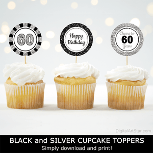three black and silver glitter birthday cupcake toppers that say 60, happy birthday, cheers to 60 years