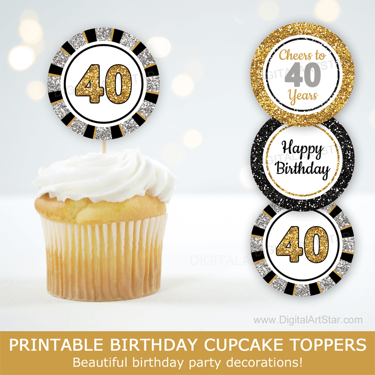 Black Silver and Gold 40th Birthday Cupcake Toppers for Him For Her