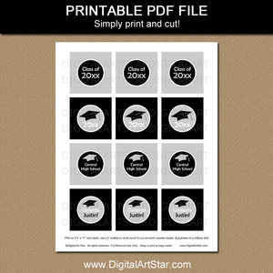 Black Silver Graduation Cupcake Picks Printable PDF Download