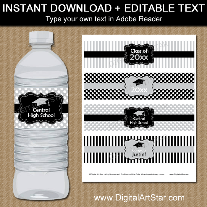 Black and Silver Graduation Water Bottle Label Template