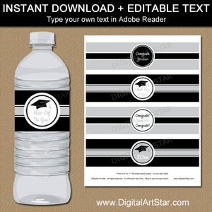 Black and Silver Graduation Water Bottle Labels Download Editable Template