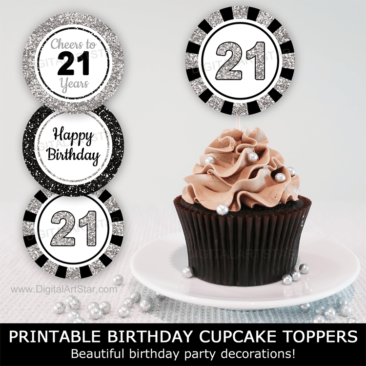 Black and Silver Happy 21st Birthday Cupcake Toppers Printable for Him 21st Birthday Decorations for Her