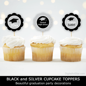 Black Silver High School Graduation Cupcake Toppers Graduation Party Decorations