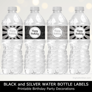 Black and Silver Water Bottle Labels Happy Birthday Party Decorations