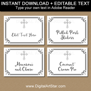 Black and White First Communion Food Labels Printable with Silver Cross